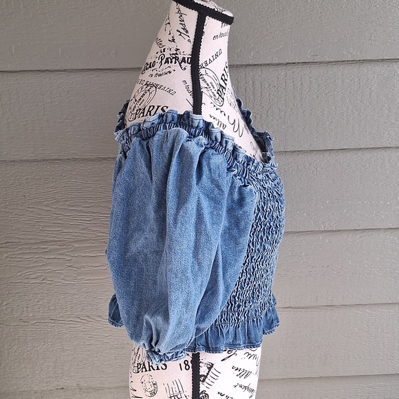 Levi's Retro 70s Smocked Denim Crop Top Blue Size Large Milkmaid - Picture 6 of 13